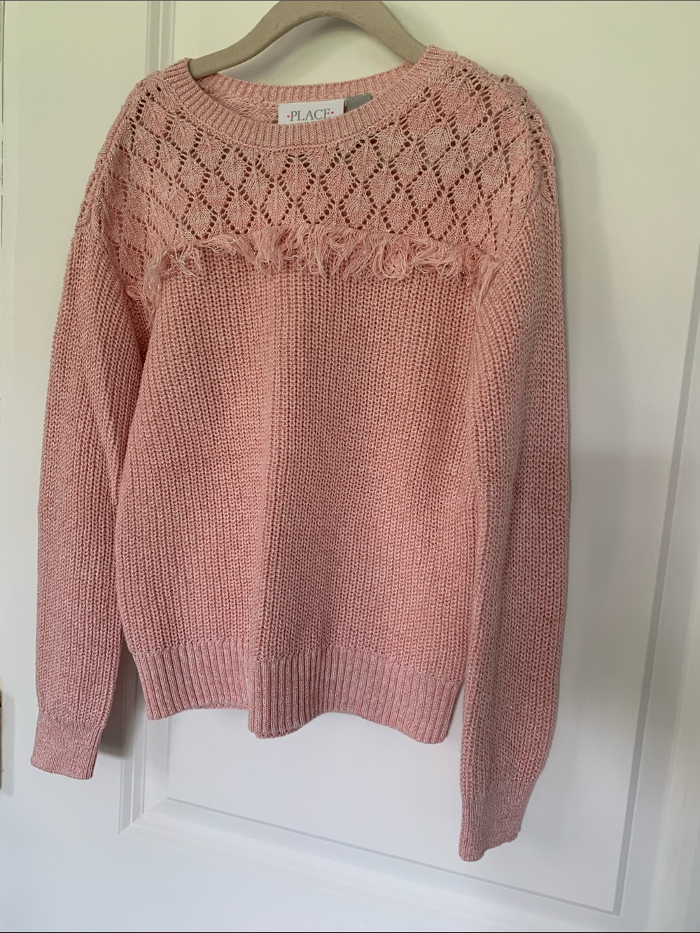 Place Pink Open-Knit Fringe Yoke Crewneck Sweater